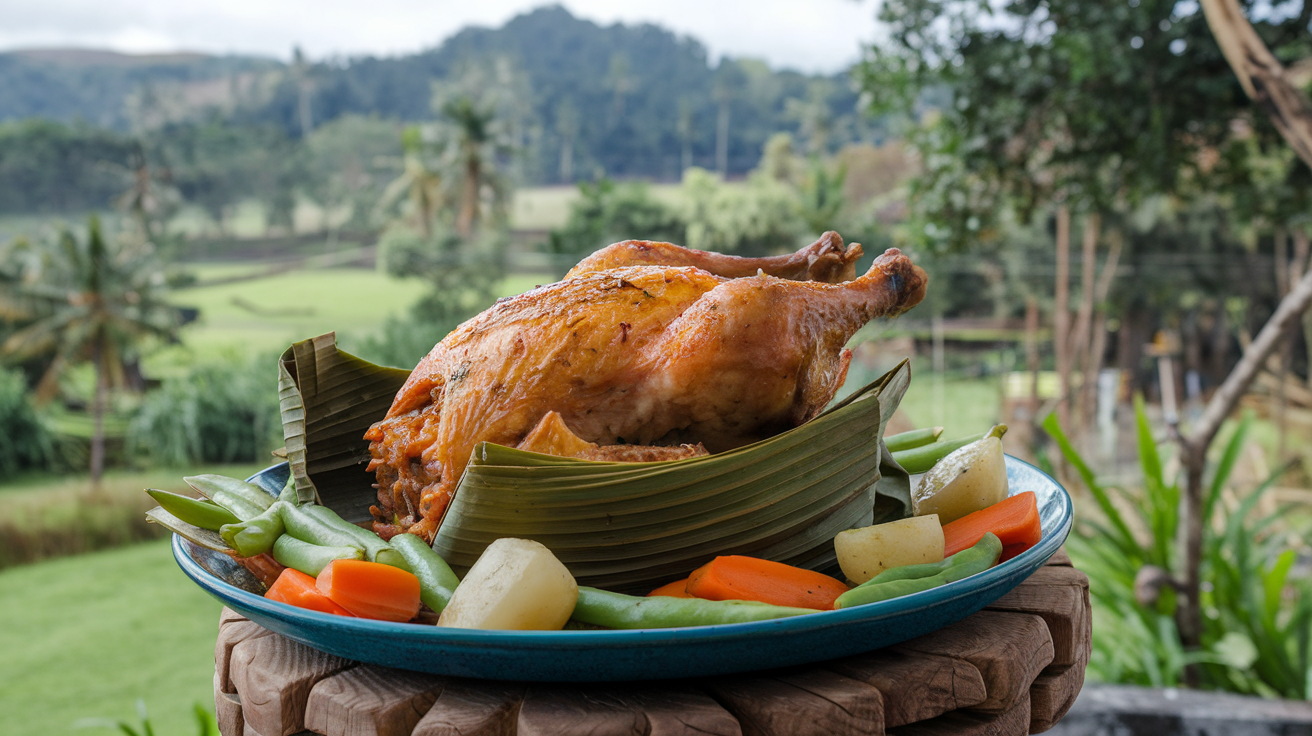 A photo of a Balinese meal, specifically a Bekak Betutu. The dish is a whole duck stuffed with a mixture of spices and wrapped in banana leaves. 